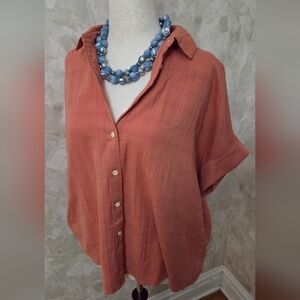 Madewell Rust Textured Cotton Button Front Shirt Short Sleeve Top Size M NWT
